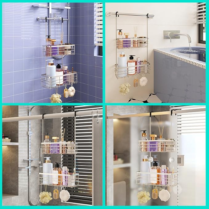 HapiRm Shower Caddy Organizer Hanging - No Drilling Shower Rack with Hooks | For Renters & Small Bathrooms, No Drilling 2-Tier Shelves, Rustproof 304 Stainless Steel, Brushed Nickel