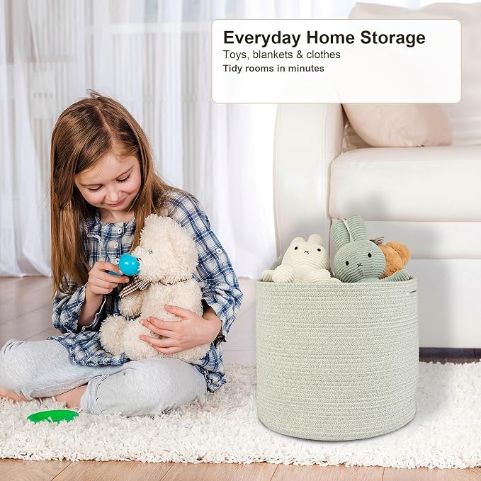XUANGUO Cotton Rope Baskets For Girls Boys Kids 16”X14” Light Green | Baby Laundry Baskets, Blanket Basket, Nursery Bin; Round Woven Basket Organizer for Toy Storage, Blankets, Shoes and Clothes