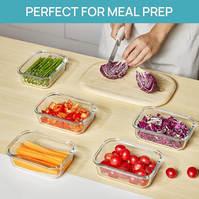 Vtopmart 5Pack 22oz Glass Storage Containers with Lids, Blue | Glass Meal Prep Food Container Sets, Snap Airtight Lid, For Microwave, Oven, Freezer and Dishwasher, BPA Free