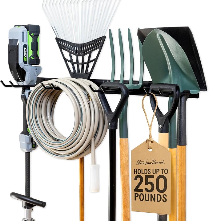 StoreYourBoard Garage Tool Organizer, 36 in, Holds 250 lb | Garden Tool Rack Wall Mount, Garden Tool Organizer, Shovel Wall Mount, Rubber Coated Hooks
