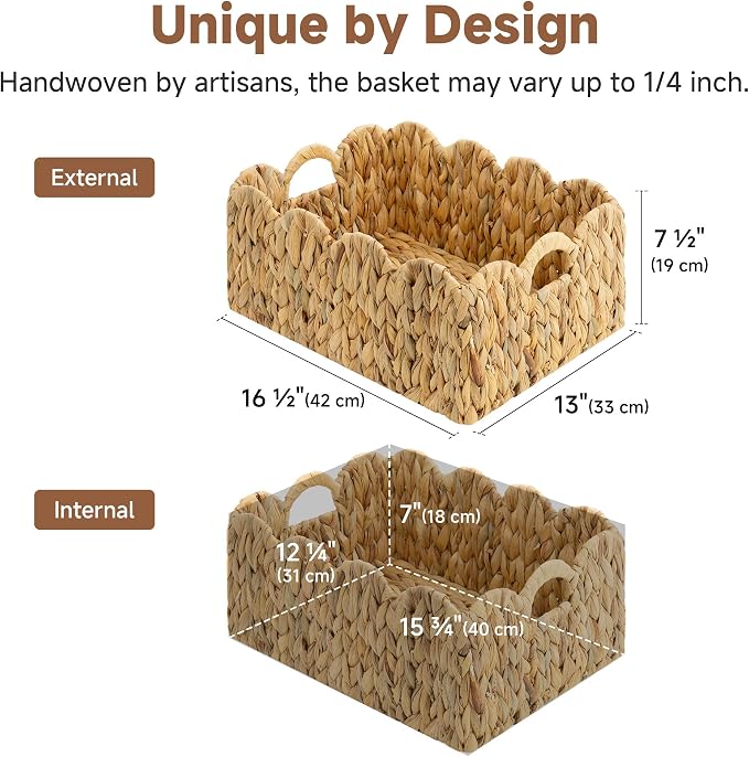 StorageWorks Scalloped Water Hyacinth Baskets, Hand-woven Rattan Baskets with Built-in Handles, Cute Baby Basket for Nursery, Basket for Organizing and Decor, 16½"L x 13"W x 7½"H