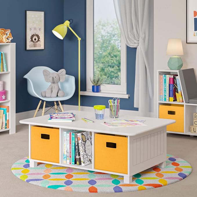 RiverRidge Folding Storage Bins - 4-pack of 10in Tall Golden Yellow Cubes | Fabric Bins, Set of 4 Storage Cubes, Cut-out Handles, Playroom Closet Organizer, Collapsible Cubby with Bottom Board Insert
