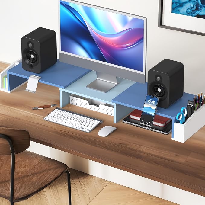 Simple Houseware Desk Dual Monitor Stand Riser with Drawer, Blue | Customizable Organizer Tray, Built-In Phone & Tablet Slot and Side Storage