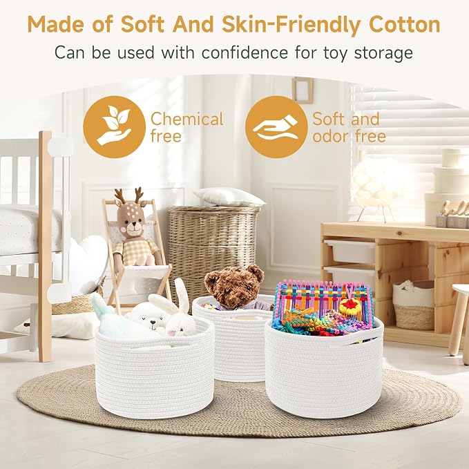 3 Pack Small Rope Storage Baskets, 9.82×9.82×7.1", White | Cotton Basket for Gifts Empty, Cute Round Woven Basket, Decorative Shelf Basket Organizer, Organizing Basket for Shelves