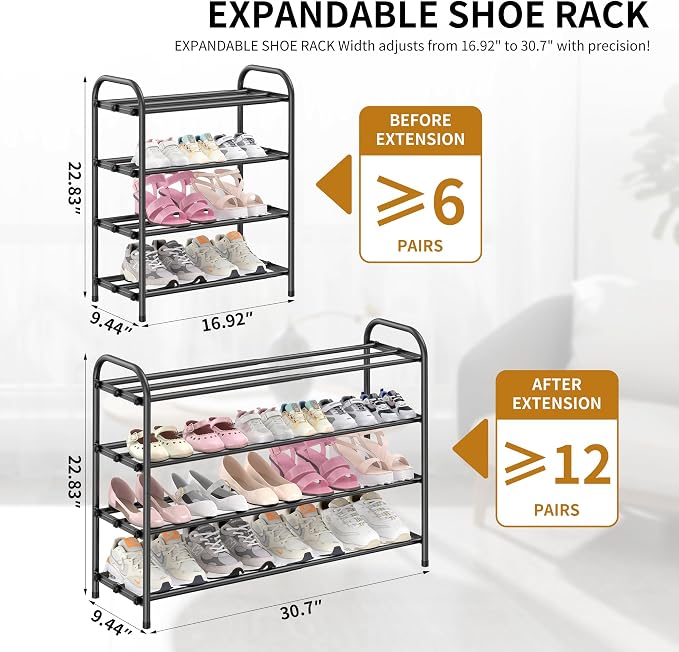 Hleelomi 4-Tier Metal Expandable Shoe Rack for Closet and Entryway, Black | Adjustable Shoe Organizer for Closet,Living Room,Dorm,Garage,Fits Small Spaces, Apartments and Rentals