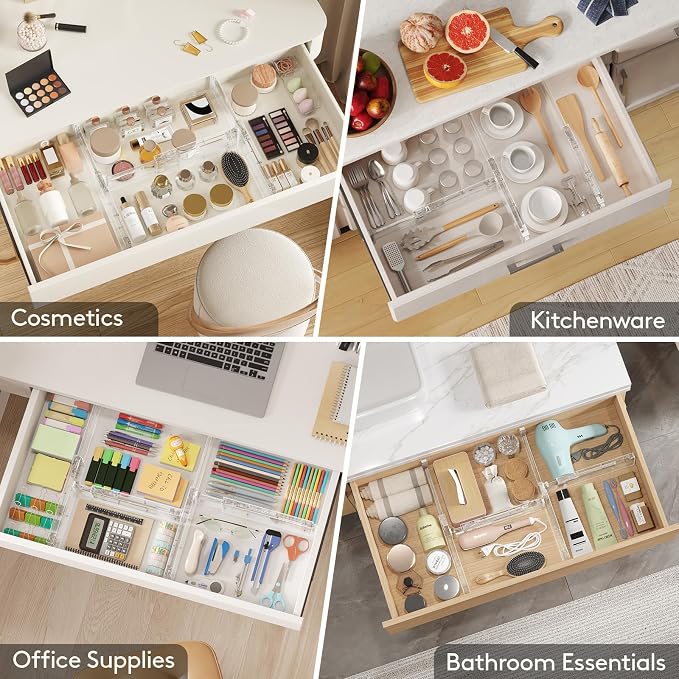 Lifewit 12 Pack 4" High Drawer Dividers 28-43.5cm/11-17" Adjustable Drawer Organizer for Clothes/Utensils, Expandable Drawer Organizer in Dresser/Kitchen/Bedroom/Office Organization & Storage Clear