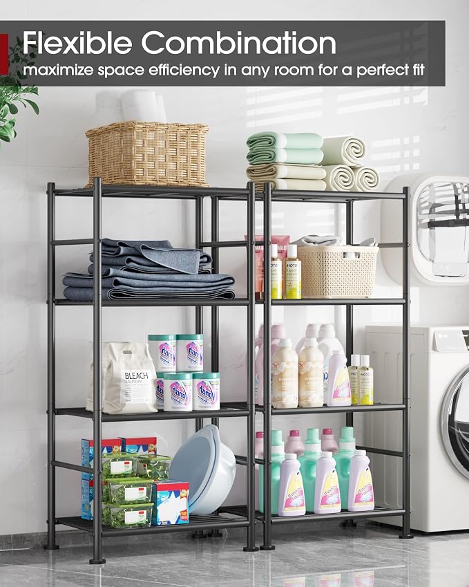 Sakugi Storage Shelves - 4 Tier Shelf Organizer, Sturdy Metal Garage Shelving with Adjustable Leveling Feet, Space-Saving Shelves Organizer for Pantry, Laundry, Kitchen (18" x 12" x 44", Black)
