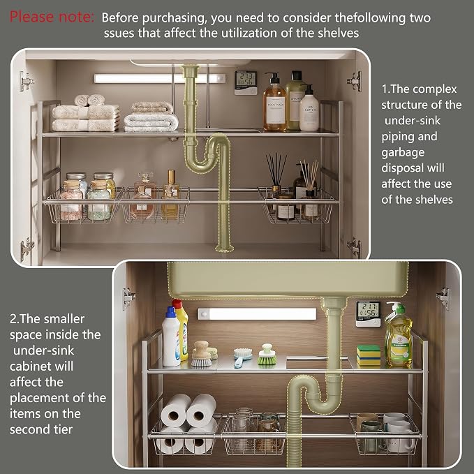 Under-Sink Organizer 2-Tier Expandable Cabinet Storage (4 panels 4 baskets) | LED Motion-Sensing Auxiliary Lighting Dial Thermometer Stainless Steel Telescopic & Adjustable Rust-Resistant