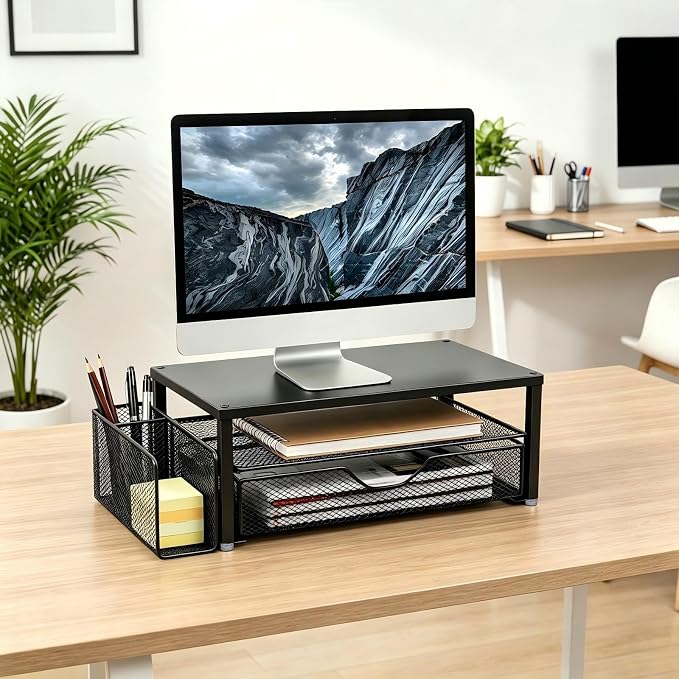 Spacrea Desk Organizer and Accessories, Computer Monitor Stand Riser with Drawer and 1 Open Pen Holder, Printer & Laptop Stand, Office Desk Accessories for Home Office Supplies (Black)