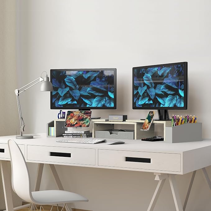 Simple Houseware Desk Dual Monitor Stand Riser with Drawer, Maple | Customizable Organizer Tray, Built-In Phone & Tablet Slot and Side Storage