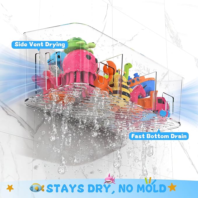 Bath Toy Storage 2 Packs, Large Bath Toy Holder - 3 Compartments, Quick-Dry | BPA-Free Bathtub Toy Organizer, Wall-Mounted Adhesive Shower Caddy, Bathroom Toy Basket & Bin for Baby, Toddler, Kids, Clear
