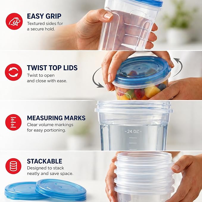 Tafura Freezer Storage Containers, 10 Pack, 32 Oz Leakproof BPA-Free Lids | Twist-top screw-on closures help prevent spills during storage, transport, and meal prep.