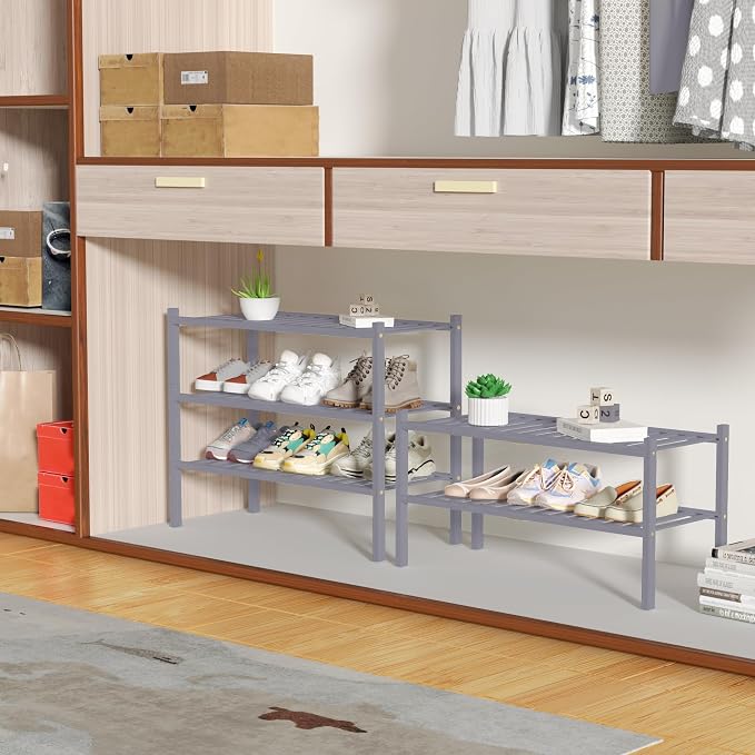 ROMGUAR CRAFT 3 Tier Bamboo Shoe Rack for Closet Free Standing Wood Shoe Shelf Storage Organizer for Entryway Small Space Stackable 27"x11"x20" (Grey)