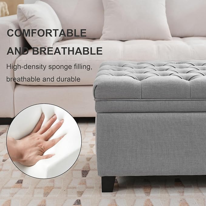 51" Storage Ottoman for Bedroom & Living Room, End of Bed Bench with Black Wooden Legs, Linen Upholstered Tufted Ottoman, Entryway Storage Bench, Light Grey