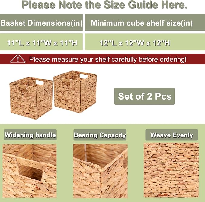 Water Hyacinth Storage Baskets 11x11x11 Inch Wicker Storage Cubes Set of 2 | Handwoven Foldable Wicker Cubes with Sturdy Handles, Rustic Laundry Organizer for Bedroom Shelves, Kitchen, Bathroom