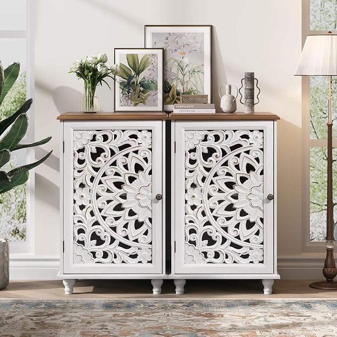 JOINICE Accent Cabinet with Hand-Carved Door for Living Room/Bedroom | Hand-Carved Floral Design, Boho/Farmhouse/Rustic Style, Space-Saving, Sofa Table/End table, Solid Wood Legs, Adjustable Shelf