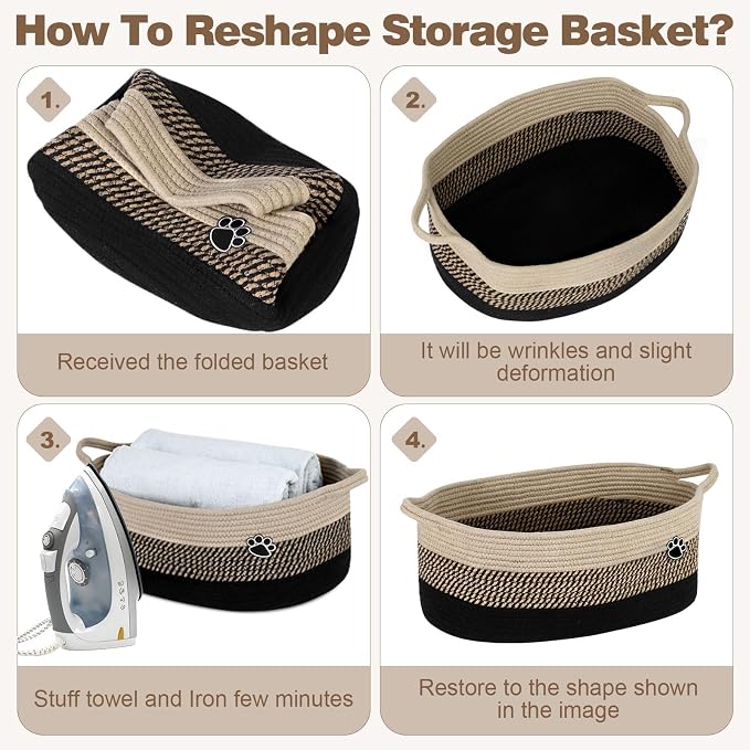 Optish Dog Toy Basket, 30L Toy Box and Bin for Dog Cat Storage, 19.7" X 11" X 7.9" Large Woven Rope Basket for Blanket Storage, Living Room, Bedroom, Black & Brown