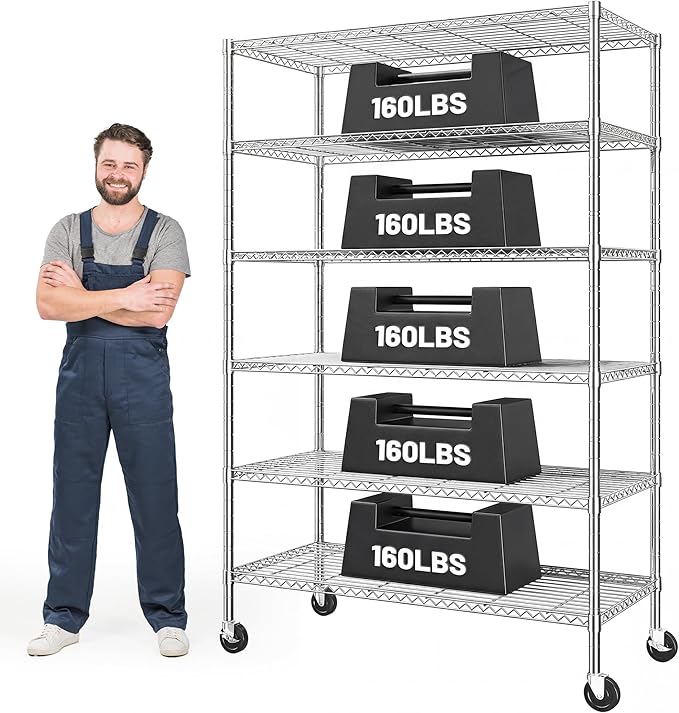 Romorgniz 6-Tier Rolling Storage Shelves with Locking Wheels, Garage Chrome | Heavy duty 6-tier wire shelving unit, 1200lbs capacity, Adjustable shelves, Rust-proof chrome, For pantry, kitchen, basement