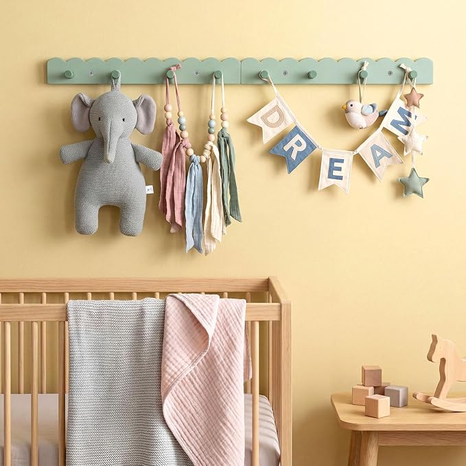 Leinuosen 2 Pack Scalloped Coat Rack Wall Mount Cute Nursery Wall Hook 16 Inch 8 Hooks Wooden Backpack Hanger for Toddler Kids Clothes Hat Towel Keys Bathroom Classroom Playroom Nursery Decor