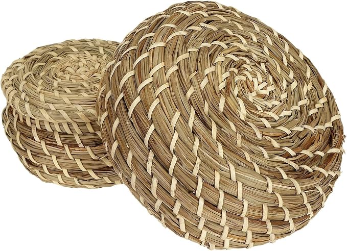 Dicunoy Set of 3 Small Wicker Basket with Lid, Round Woven Seagrass Baskets, Little Handmade Rattan Storage Basket Box for Shelf, Home, Bathroom Decor
