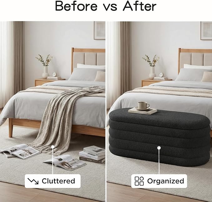 Storage Ottoman Bench, 45'' Upholstered Boucle Ottoman with Storage, Aesthetic End of Bed Bench for Bedroom Living Room Entryway, Black