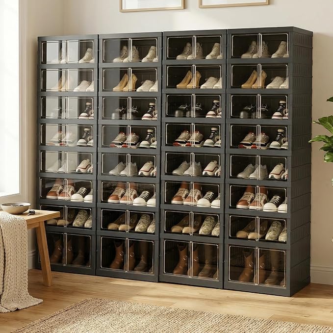 Foldable Shoe Organizer Storage Box Set of 4, Portable Extra Large Folding Shoe Rack for Closet, Shoe Storage Box with Magnetic Transparent Door and Wheels, 9 Layers 18 Grids with 2 Big Grids