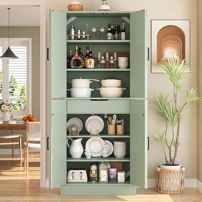 Unikito 71" Tall Kitchen Pantry Storage Cabinet with Farmhouse Barn Doors | Storage Drawer, 4 Adjustable Shelves, Freestanding Cupboard for Dining Room, Living Room, Utility Room, Green