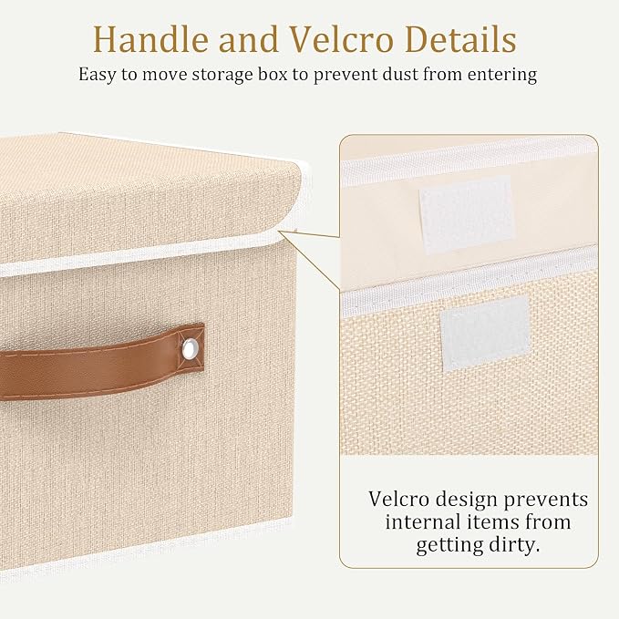 OUTBROS Storage Boxes, 10.2x7.9x6.7 in Bins with Lids, Beige | Cotton and linen cloth Storage Baskets with Handle, for Books, Closet, Bedroom, Home