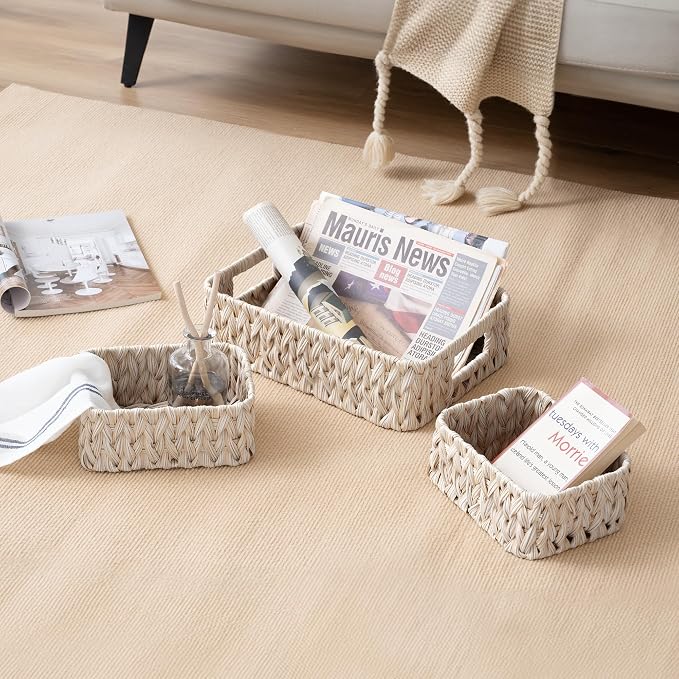 Granny Says Wicker Baskets For Shelves, Woven Wicker Basket Small | Small Woven Storage Baskets for Shelf, Rattan Basket For Organizing, Wicker Basket Set, 3-Pack Small Waterproof Baskets