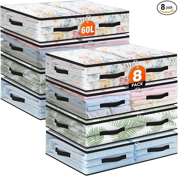 8 Pack Under Bed Storage Bags, 60L Foldable Clear Containers with Handles | Dual Zipper Storage Bins for Comforters, Bedding, Blankets, Closet Organizer for Clothes, Linen Sheets, Sweaters
