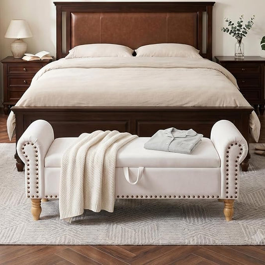 55" Bench for End of Bed Storage Benches, Queen End of Bed Bench Corduroy Upholstered Storage Ottoman Window Bench with Storage, for Bedroom, Entryway, Closet, Off-White