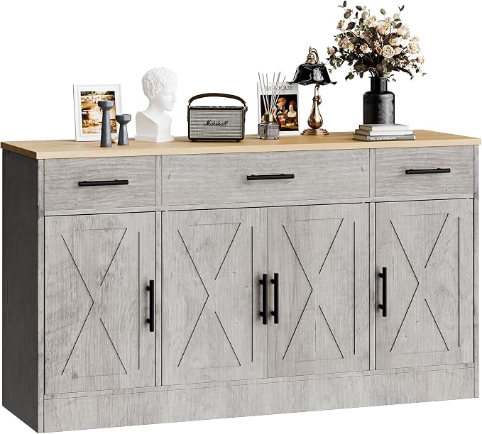 Kitchen Storage Cabinets, Farmhouse Buffet Cabinet with 4 Doors and 3 Drawers, Sideboard Small Storage Cabinet with Adjustable Shelf, for Kitchen, Dining Room & Living Room, Grey