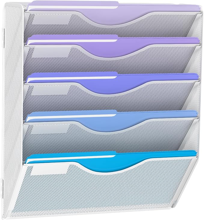 Gawerk 5 Tier Hanging Wall File Organizer, Mesh Mail Paper Orgnization Hanging File Folder Holder for Home Office, White