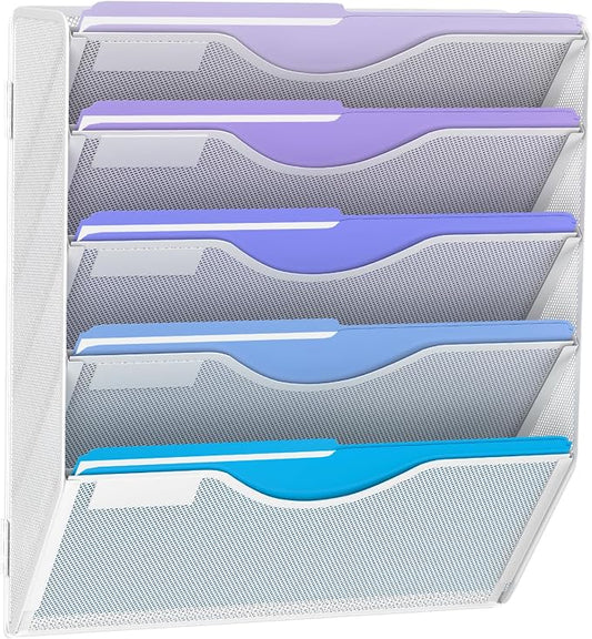 Gawerk 5 Tier Hanging Wall File Organizer, Mesh Mail Paper Orgnization Hanging File Folder Holder for Home Office, White