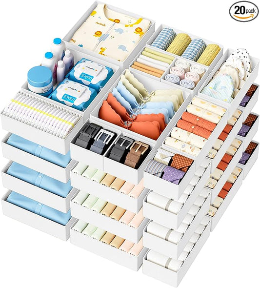 DIMJ Drawer Organizer Clothes 20 Pack - Foldable Baby Organizers and Storage & Dresser Organizer for Bedroom, Closet - Nursery Organization Dresser Dividers for underwear, Sock,Bra, Belt, Tie, White