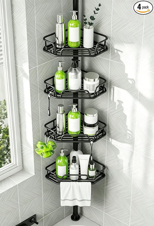 DAOYA Shower Caddy Tension Pole Shower Organizer Tension Rod with Towel Bar | Bathroom Corner Caddy for Bathtub/RV, Adjustable Floor-to-Ceiling 25-114.2", 12 Side Hooks, Black, Rustproof Stainless Steel