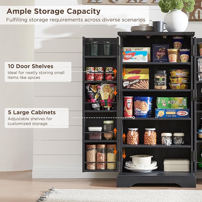 47" Tall Wooden Pantry Storage Cabinet with Door Shelves | Farmhouse, Barn Doors, Adjustable Shelves, Freestanding, Anti-tip Kit, for Kitchen, Dining Room, Living Room