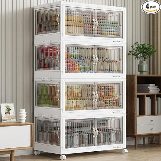 BROVIEW 480Qt Stackable Storage Bins with 4 Lids, Front and Side Open Doors, Plastic Collapsible Closet Organizer and Storage Cabinet, Foldable Box with Wheels Drawer for Home Office, 4Pack White