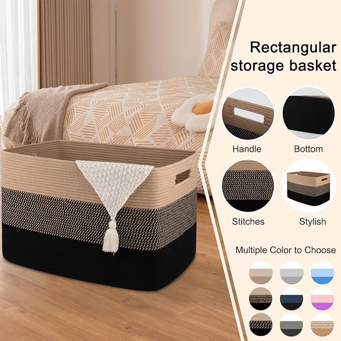 OIAHOMY 108L Super Large Blanket Basket, 25”x16”x16” Rectangle Woven Baskets for Storage, Cotton Rope Basket For Living Room, Toy Storage with Handle- Yellow and Black
