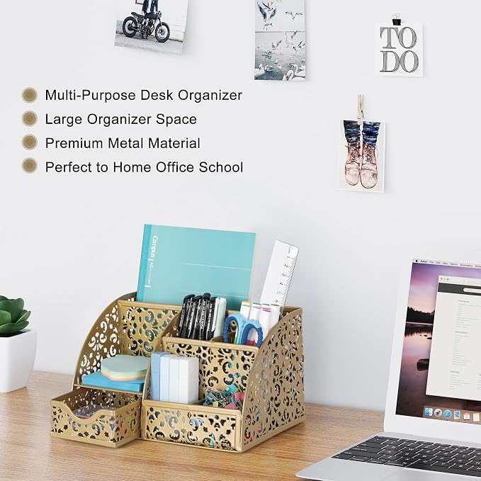 EasyPAG Desk Organizer and Pen Holder for Desk, Mesh Office Supplies Storage Caddy with Drawer for Small Space, Desktop Organizer for Home Office, Gold