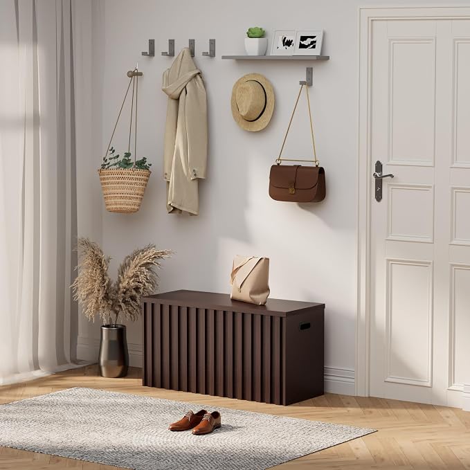 Storage Bench,39.4" Wood Box, Storage Trunk with 2 Safety Hinges, Ottoman Storage Chest, Fluted Storage Bench for Bedroom, Entryway, Living Room (Walnut)