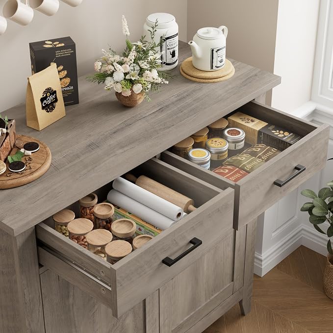 HORSTORS Farmhouse Kitchen Storage Cabinet, Small Buffet, Coffee Bar, Grey | Buffet Sideboard with 2 Drawers & 2 Doors, 35.8"W Coffee Table, Sapce-saving Kitchen Cabinet for Dining Living Room, Entryway