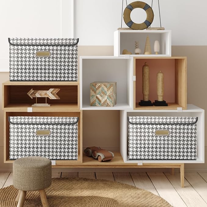 STOREONE Fabric Storage Cube Bins Foldable Organizer Container Collapsible Basket with Lids and Metal Handles, for Home, Bedroom, Closet 3 Pcs (Houndstooth)