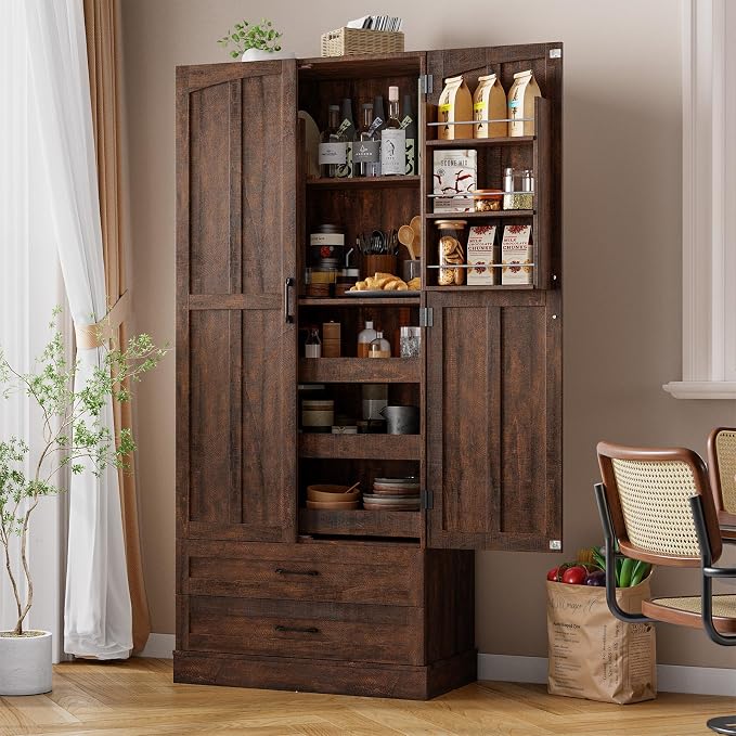71" Tall Farmhouse Kitchen Pantry Cabinet with 3 Pull Out Shelves & 2 Large Drawers, Pantry Storage Cabinet with 6 Door Shelf & Adjustable Shelf, Freestanding Cupboard for Kitchen, Dining Room