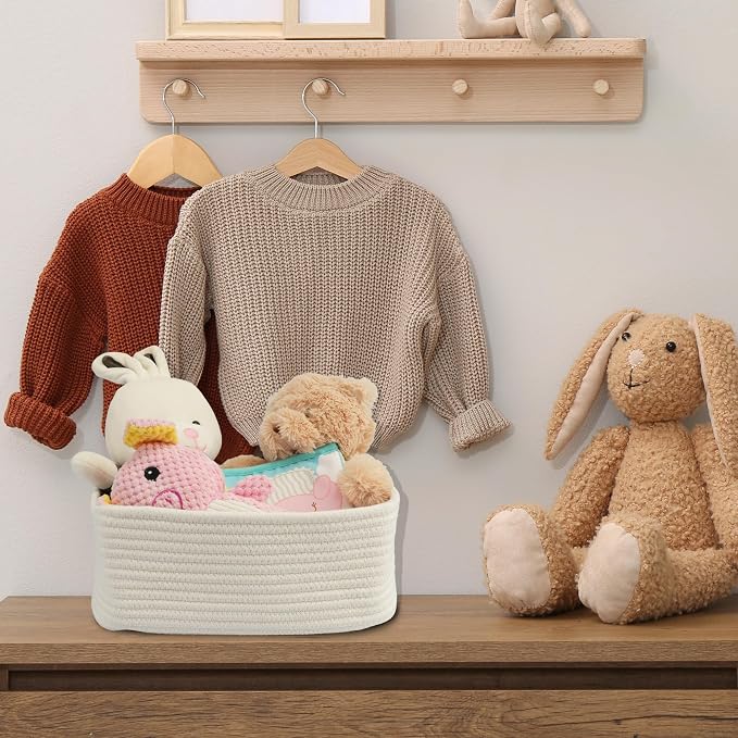 XUANGUO Small Woven Storage Baskets for Shelves, 12" x 8" x 5", White | Decorative rope storage bins for closets and toy storage; cute organizer baskets, empty gift baskets and nursery storage.