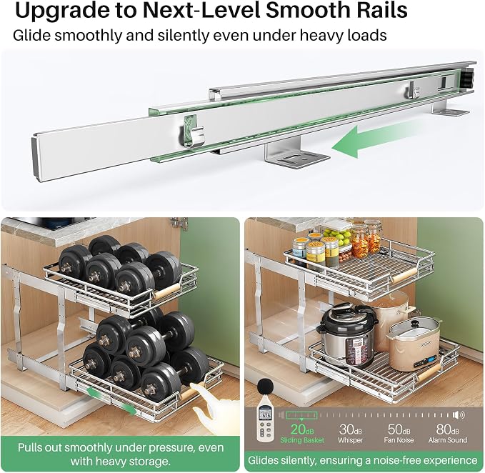 Pull out Cabinet Organizer, 2 Tiers 23"W X 21"D, Heavy Duty Smooth Sliding Under Cabinet Shelves for Pots and Pans, Full-Extension Roll out Drawers, Slide out Organization for Home Kitchen Pantry