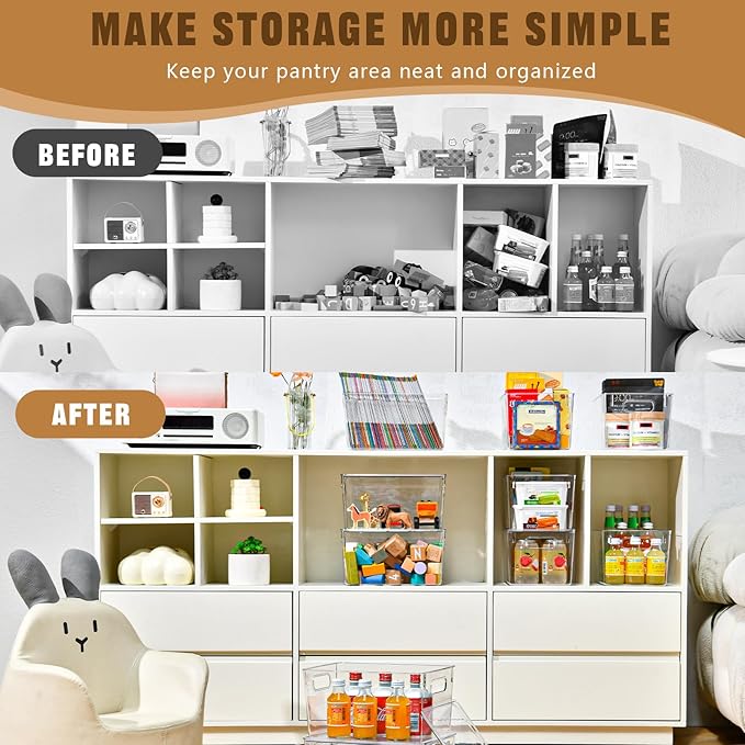 Freebat 12 Pack Clear Storage Bins with Lids, 7 Quart Pantry Organizer Bins | Stackable Plastic Storage Containers, Pantry Organization for Office, Bedroom, Cabinet, Fridge,Kitchen Organization