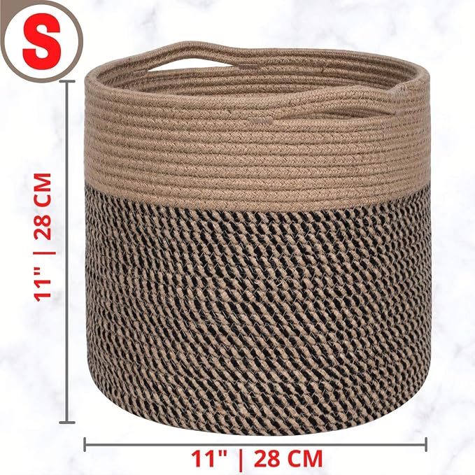 11 x 11 Inches Cotton Rope Basket for Flower Pot and Indoor Floor Planters, Decorative Round Woven Plant Pot Basket, Planter Covers, Small Dog Toy Storage Baskets, Black