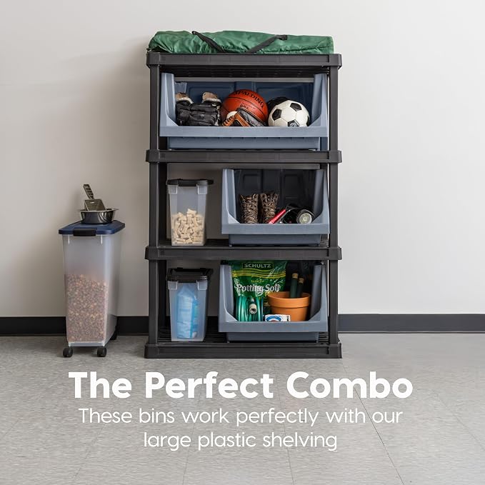 IRIS USA 3-Pack Large Open Front Storage Bins, Gray | Organize tools, hardware, sporting goods, and household items with durable construction and space-saving vertical storage