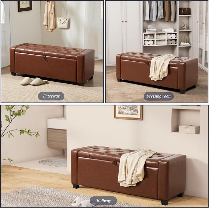 Royal Windsor Ottoman with Storage,Tufted Storage Bench with Safety Hinge,Holds up to 350 lb,Upholstered Bench with Seating for Bedroom, Living Room,Entryway,Leather Brown
